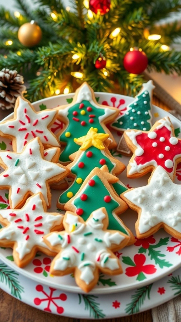 Classic Christmas Sugar Cookies Recipe Decorated Christmas sugar cookies in festive shapes on a holiday platter.